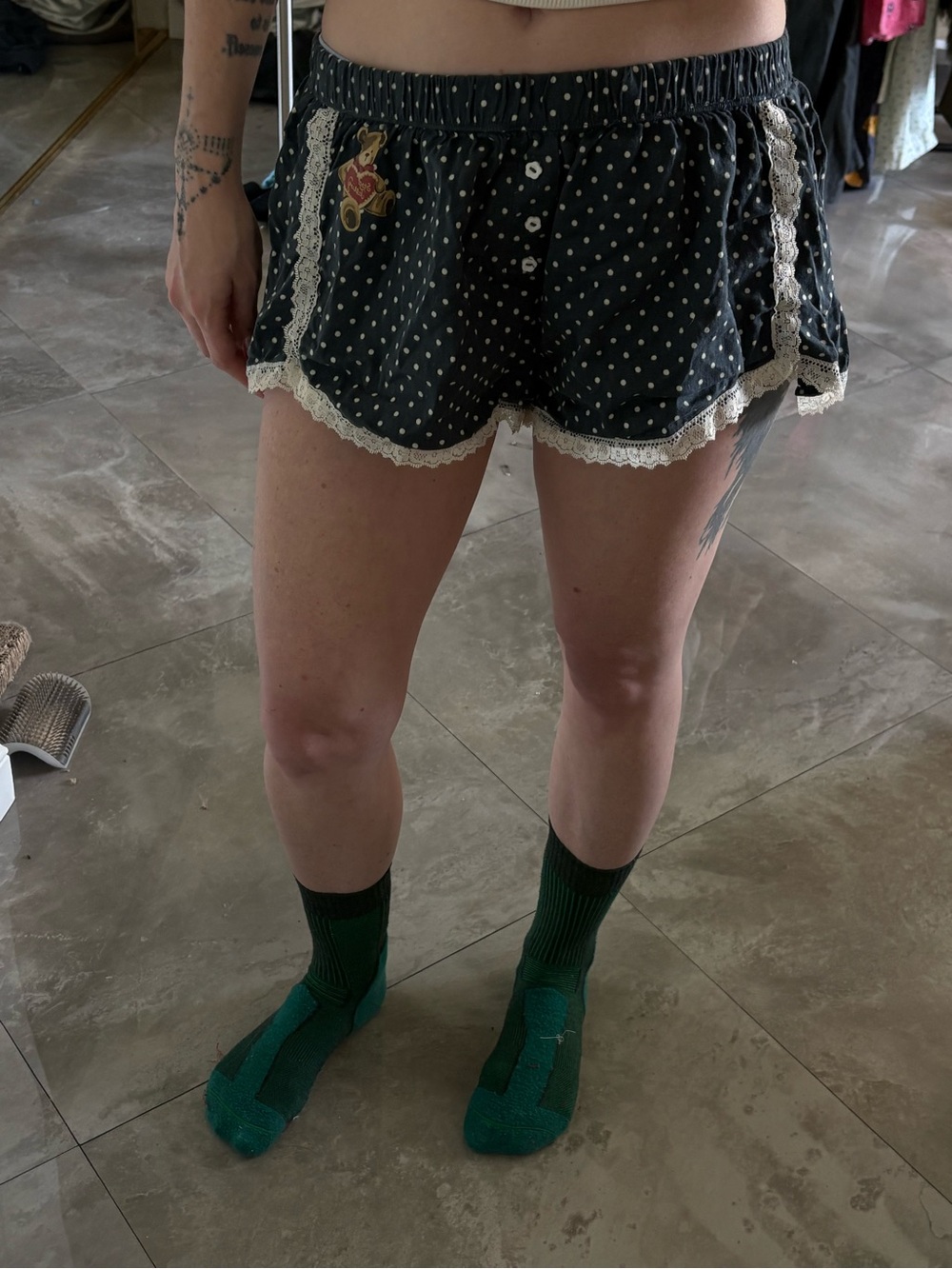 Black Polka Dot Lace-Trim track Shorts